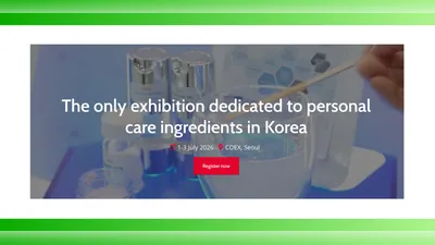 Cartel de la feria in-cosmetics Korea 2026 con material de laboratorio de fondo