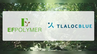 Logotipos de EF Polymer y TLALOC BLUE sobre una fotografía de un río entre rocas
